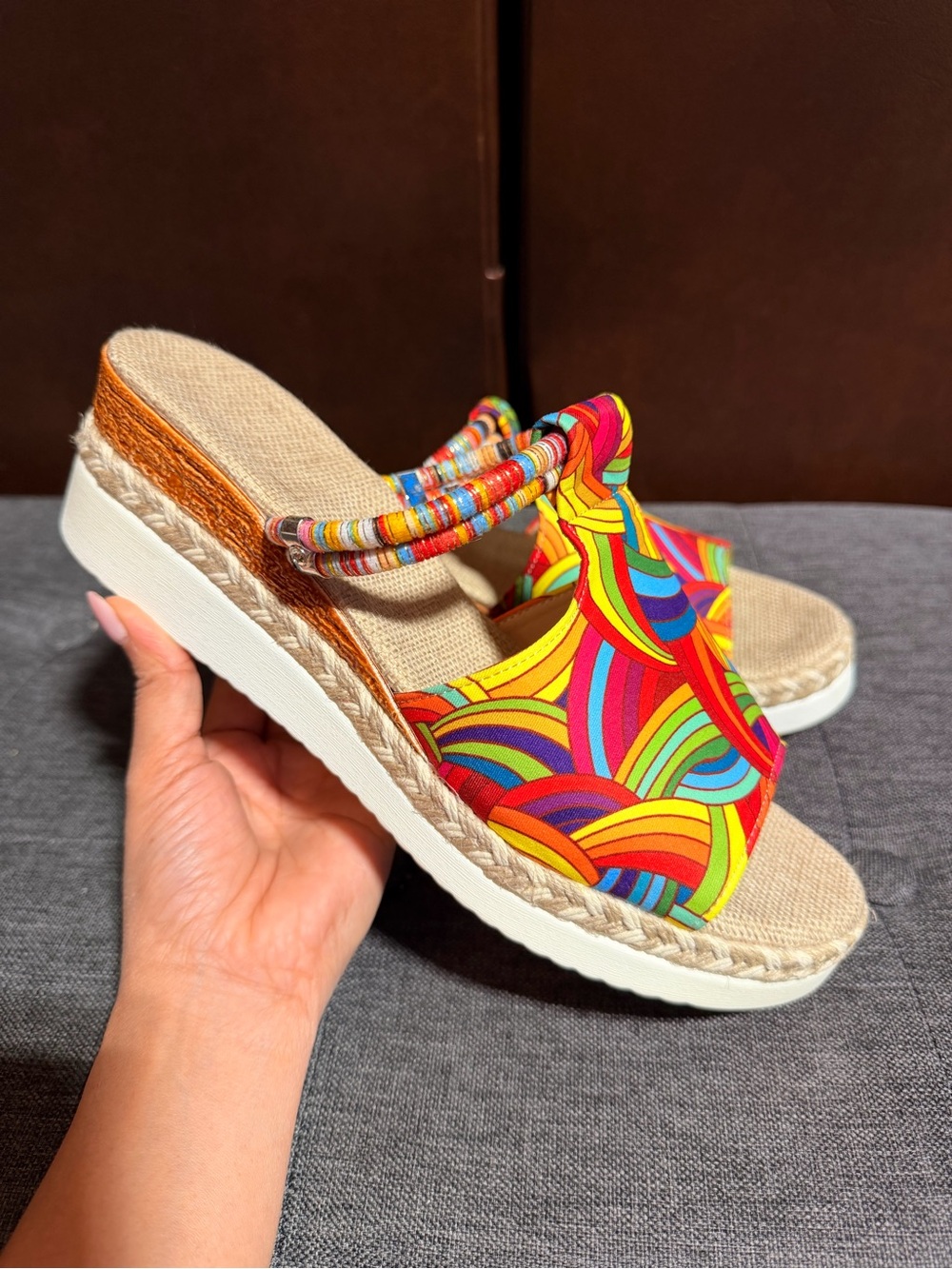 Women's Multicolor Patterned Slide Sandals - Vibrant Rainbow Design